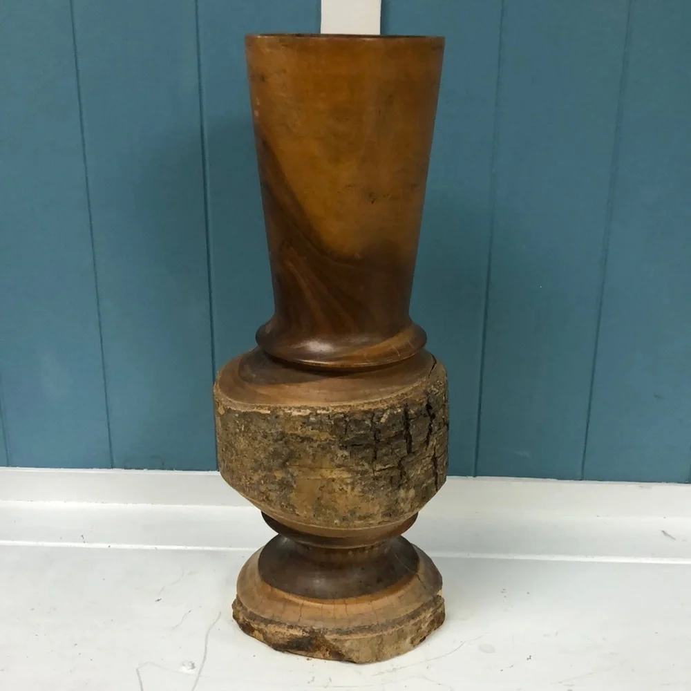 Vintage Large 15.5” Hand Turned‎ Wooden Vase Mantle solid wood with bark accents
